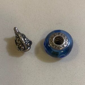 Pair of Pandora charms - sterling Silver Happy Fish and Blue Murano Glass Charm